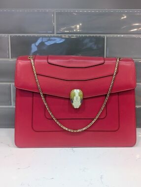 Bvlgari Fucshia Leather Serpenti Shoulder Bag with Gold Chain and Serpent Clasp